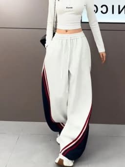 American Retro Striped Wide Leg Pants Men's Street Style Loose Casual Drapey Sport Sweatpants High Waist Straight Leg Cotton