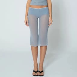 Women Sheer Mesh Capri Pants Preppy Low Waist Ruffle Flare Cropped Trousers Coquette Y2K See Through Summer Beach Cover Up