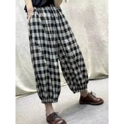 Cotton Linen Pants Plaid Elastic Waist Loose Casual Vintage Clothes Korean Style Harajuku Trousers Lantern Pants Women Clothing