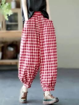 Cotton Linen Pants Plaid Elastic Waist Loose Casual Vintage Clothes Korean Style Harajuku Trousers Lantern Pants Women Clothing