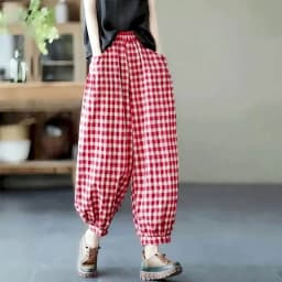 Cotton Linen Pants Plaid Elastic Waist Loose Casual Vintage Clothes Korean Style Harajuku Trousers Lantern Pants Women Clothing