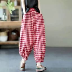 Cotton Linen Pants Plaid Elastic Waist Loose Casual Vintage Clothes Korean Style Harajuku Trousers Lantern Pants Women Clothing