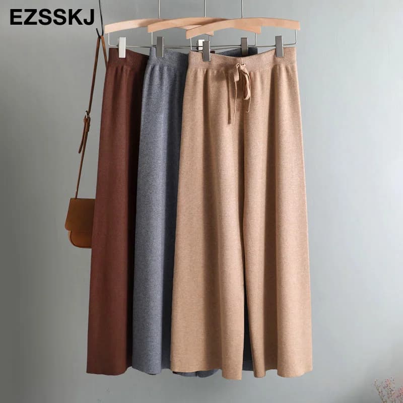 2020 autumn winter new THICK casual straight pants women female drawstring loose knitted wide leg pants casual Trousers