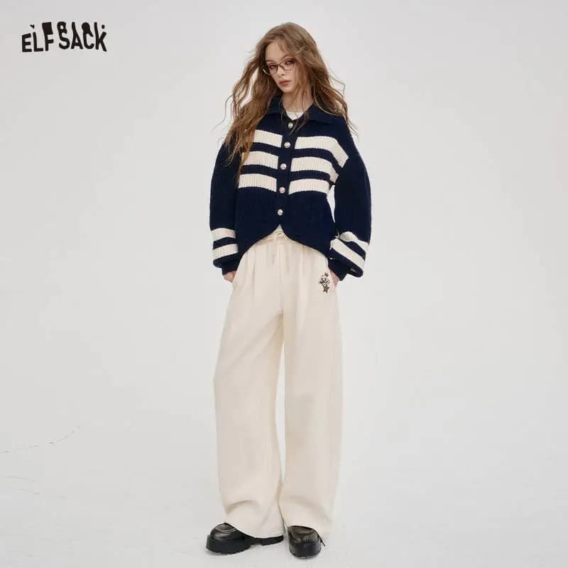 ELFSACK 2025 Winter New Arrivals Casual Loose Solid Colour Floor Length Straight Leg Pants For Women