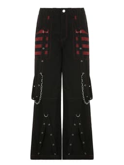 Women Loose Cargo Pants Y2K Aesthetic Gothic Graphic Trousers High Waist Buckle Chain Long Pants with Pockets Hip Hop Streetwear