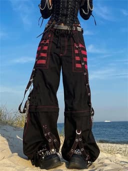 Women Loose Cargo Pants Y2K Aesthetic Gothic Graphic Trousers High Waist Buckle Chain Long Pants with Pockets Hip Hop Streetwear