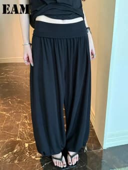 [EAM] High Elastic Waist Black Gray Brief Long Casual Wide Leg Pants New Trousers Women Fashion Tide Spring Autumn 2026 1DJ8226