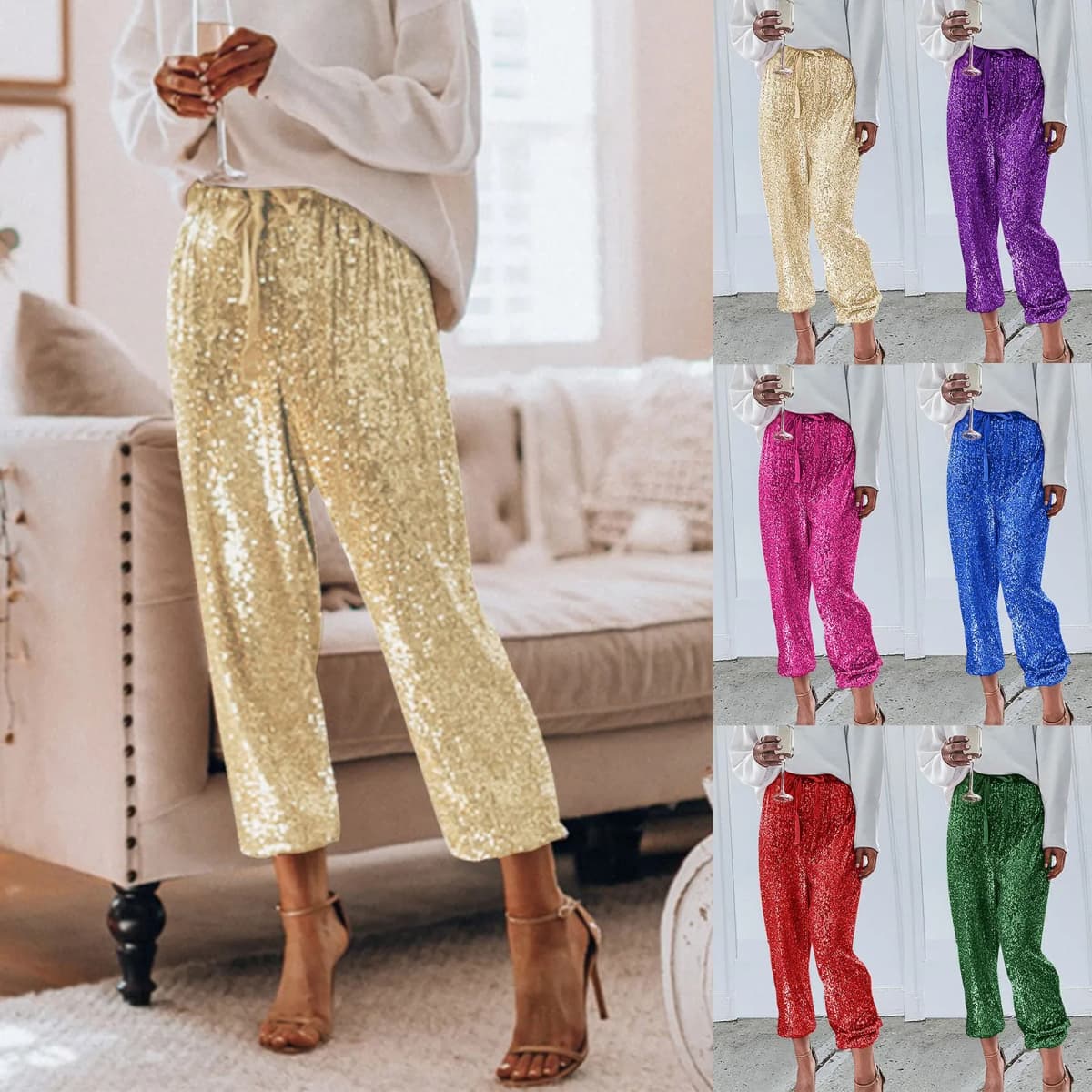 Fashion Shiny Sequin Pants Womens High Waisted Baggy Trousers Streetwear Sparkly Glitter Night Party Clubwear Pantalones