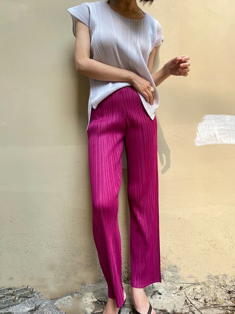 Miyake Pleated Pants Women Clothes New Color Korean Fashion High Waist Elegant Casual Classic Basic Pocket Straight Pants