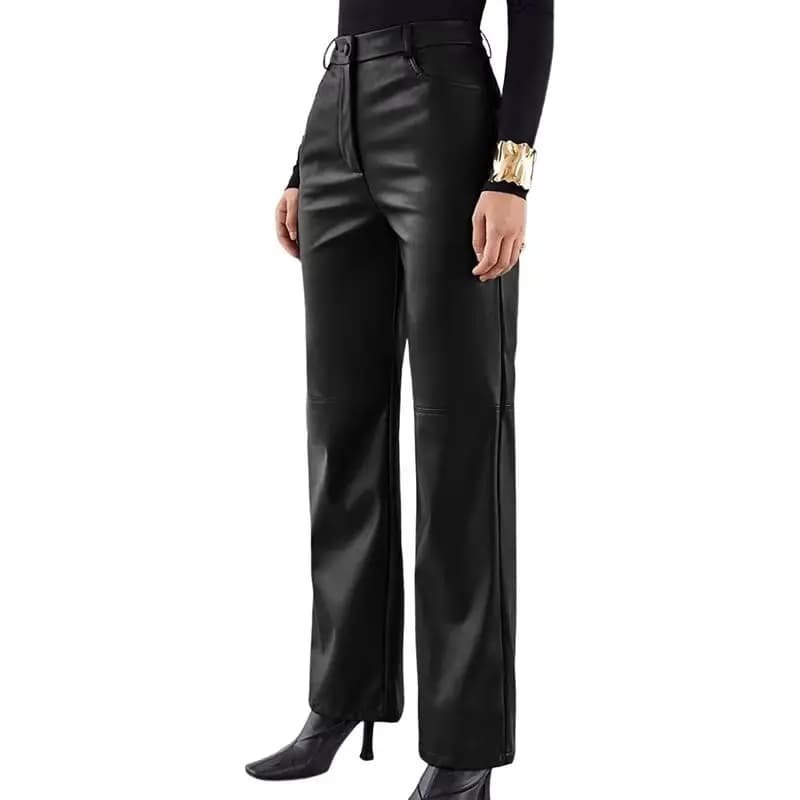 Women PU Leather Pants Solid Color High Waist Straight Trousers High Street Casual Pant