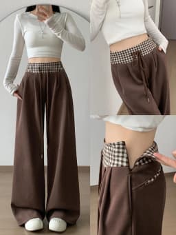 American Vintage Coffee Wide Leg Pants Woman Plaid Patchwork High Waist Straight Trousers Female Spring Summer Casual Long Pants