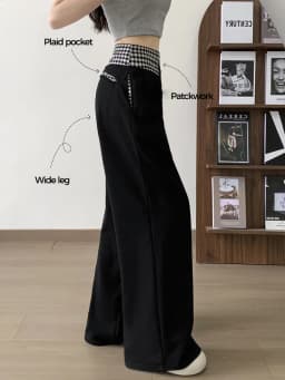 American Vintage Coffee Wide Leg Pants Woman Plaid Patchwork High Waist Straight Trousers Female Spring Summer Casual Long Pants