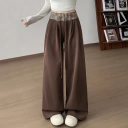 American Vintage Coffee Wide Leg Pants Woman Plaid Patchwork High Waist Straight Trousers Female Spring Summer Casual Long Pants