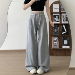American Vintage Coffee Wide Leg Pants Woman Plaid Patchwork High Waist Straight Trousers Female Spring Summer Casual Long Pants