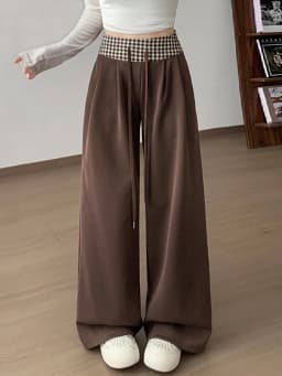 American Vintage Coffee Wide Leg Pants Woman Plaid Patchwork High Waist Straight Trousers Female Spring Summer Casual Long Pants