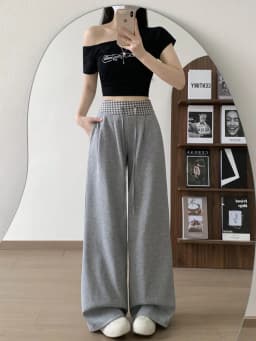 American Vintage Coffee Wide Leg Pants Woman Plaid Patchwork High Waist Straight Trousers Female Spring Summer Casual Long Pants