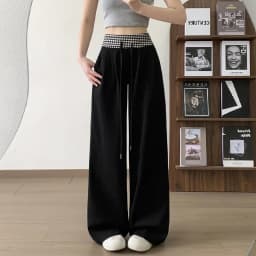 American Vintage Coffee Wide Leg Pants Woman Plaid Patchwork High Waist Straight Trousers Female Spring Summer Casual Long Pants