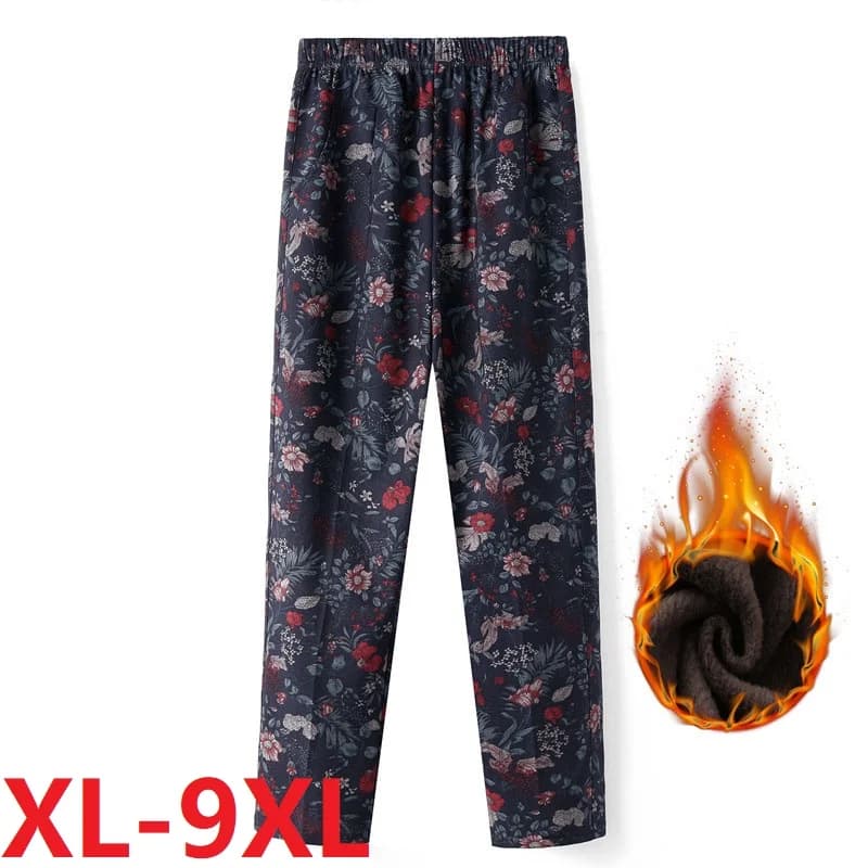 Extra Large Size 9XL Middle-aged Women Pants New Autumn Elastic High Waist Casual Trousers Winter Velvet Female Straight Pants