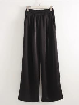 Streamgirl Brown Satin Pants For Women With Pocket Formal Office Clothes Loose Silk Trousers Woman Black Womne's Wide Leg Pants