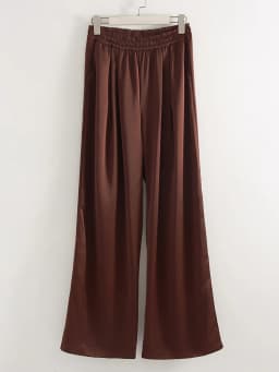 Streamgirl Brown Satin Pants For Women With Pocket Formal Office Clothes Loose Silk Trousers Woman Black Womne's Wide Leg Pants