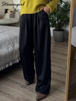 Streamgirl Brown Satin Pants For Women With Pocket Formal Office Clothes Loose Silk Trousers Woman Black Womne's Wide Leg Pants