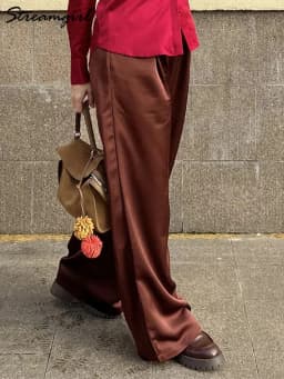 Streamgirl Brown Satin Pants For Women With Pocket Formal Office Clothes Loose Silk Trousers Woman Black Womne's Wide Leg Pants