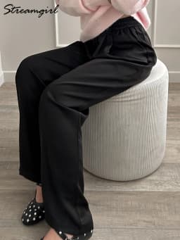 Streamgirl Brown Satin Pants For Women With Pocket Formal Office Clothes Loose Silk Trousers Woman Black Womne's Wide Leg Pants