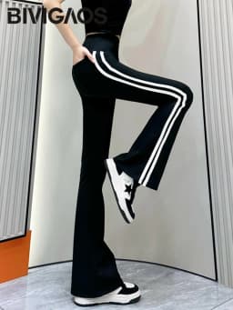 BIVIGAOS Striped Black Micro Flared Shark Pants Women High Waist Slim Sport Pocket Flared Leggings Spring Autumn Horseshoe Pants