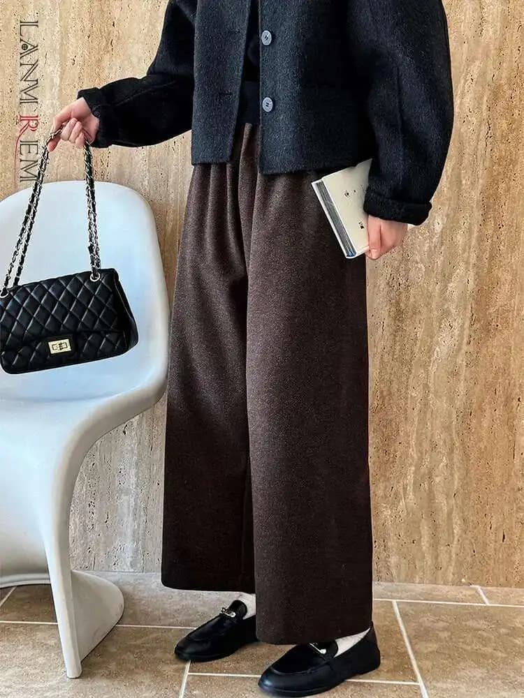 [LANMREM] Vintage Woolen Pants For Women Straight Wide Leg Trousers Office Lady Warm Loose Clothing 2025 Winter New 26C867