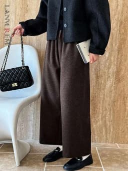 [LANMREM] Vintage Woolen Pants For Women Straight Wide Leg Trousers Office Lady Warm Loose Clothing 2025 Winter New 26C867