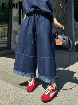 [EAM] High Elastic Waist Blue Denim Wide Leg Jeans Calf-Length Pants New Trousers Women Fashion Tide Spring Autumn 2026 1DJ6418