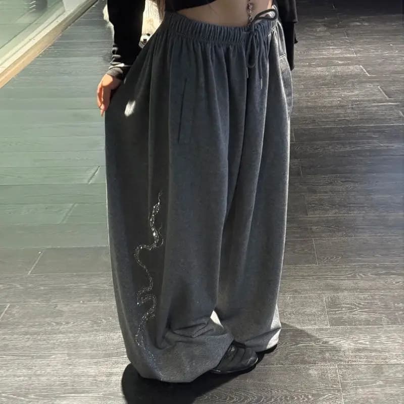 Women Men Y2K Snake Rhinestone Wide Leg Pants Casual High Waist Baggy Sweatpants Streetwear