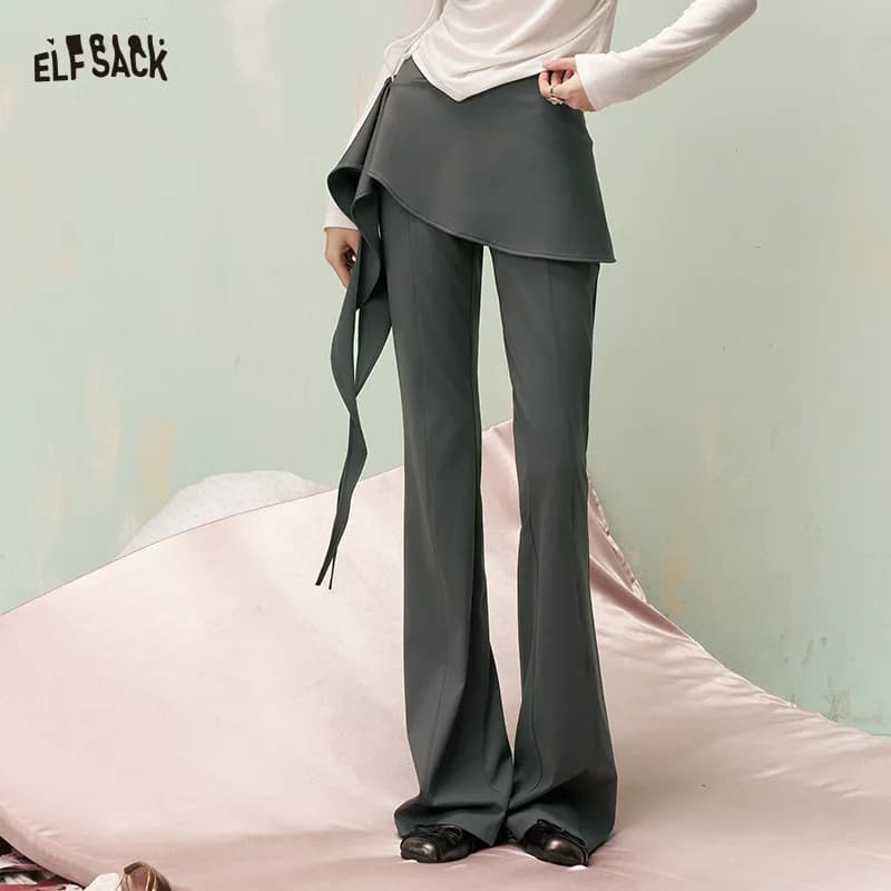 ELFSACK Y2K Flare Pants with Detachable Front Skirt, Stretchy Knit Sweet Trousers, Casual Streetwear Bottoms for Women