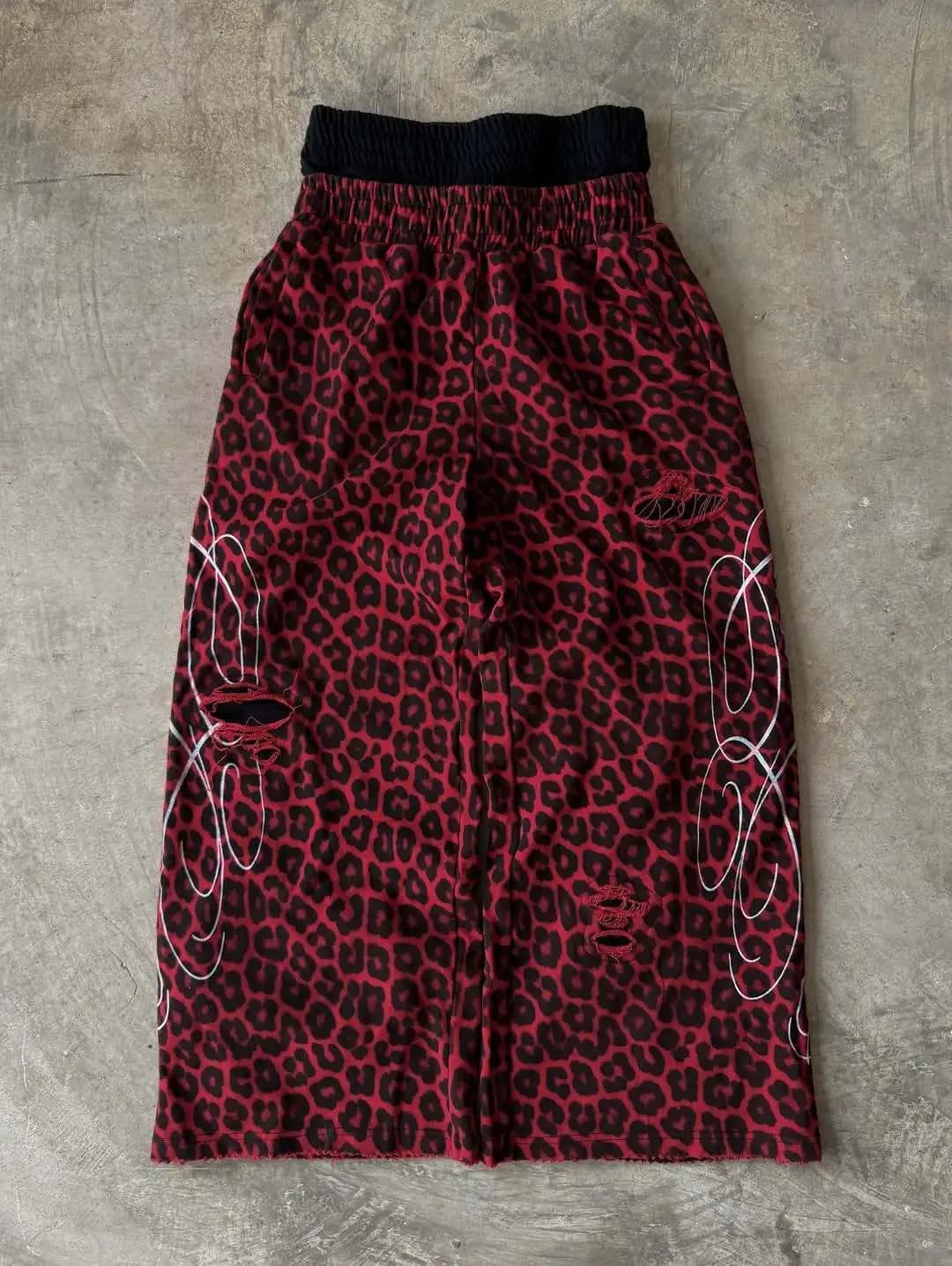 Retro Loose Y2K American Leopard Print Casual Pants Stretch Retro Punk Embroidered Rope Sweatpants Jogging Mens Straight Pants