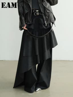 [EAM] High Elastic Waist Black Pleated Ruffles Long Wide Leg Pants New Trousers Women Fashion Tide Spring Autumn 2026 1DH8255