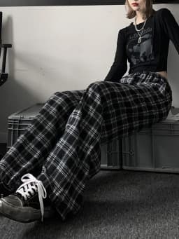 Jmprs Oversize Women Sweatpants Summer Fashion Black Plaid Casual Pants Elastic Waist Casual Pockets Student Trousers