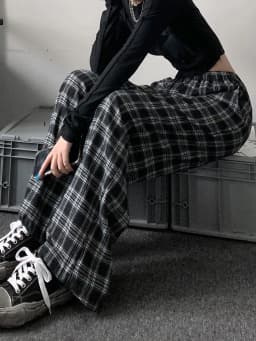 Jmprs Oversize Women Sweatpants Summer Fashion Black Plaid Casual Pants Elastic Waist Casual Pockets Student Trousers