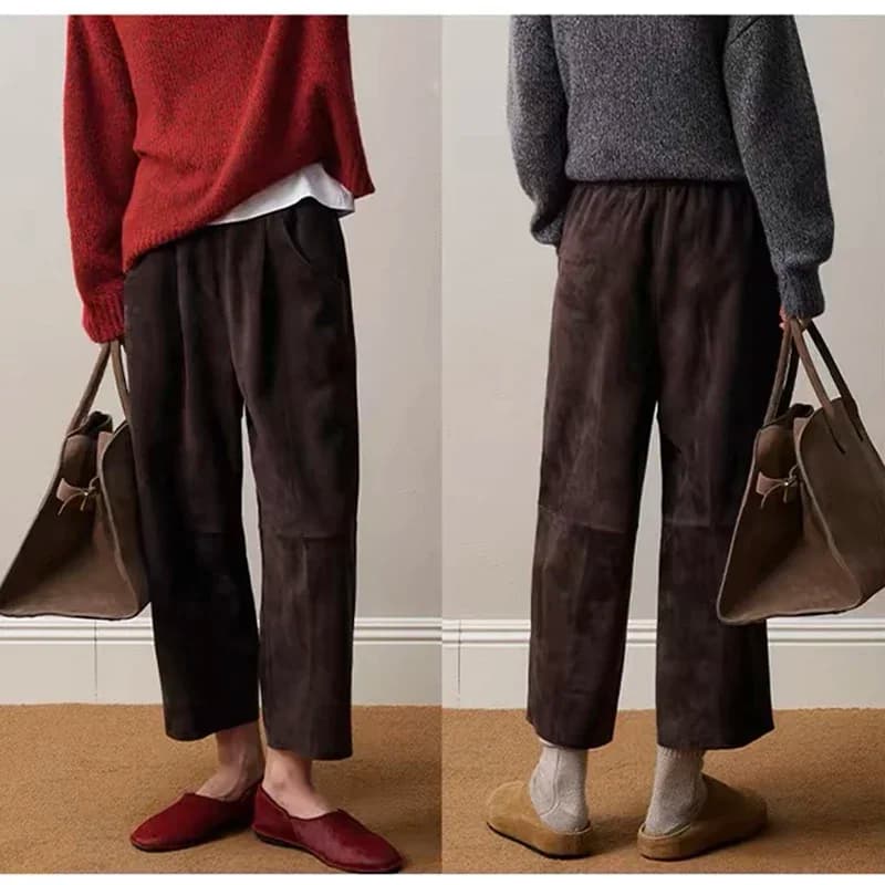 Retro 2025 Leather Ankle-Length Pants Women Elastic Waist Suede Sheepskin Wide Leg Length Straight Cylinder Trousers Black brown