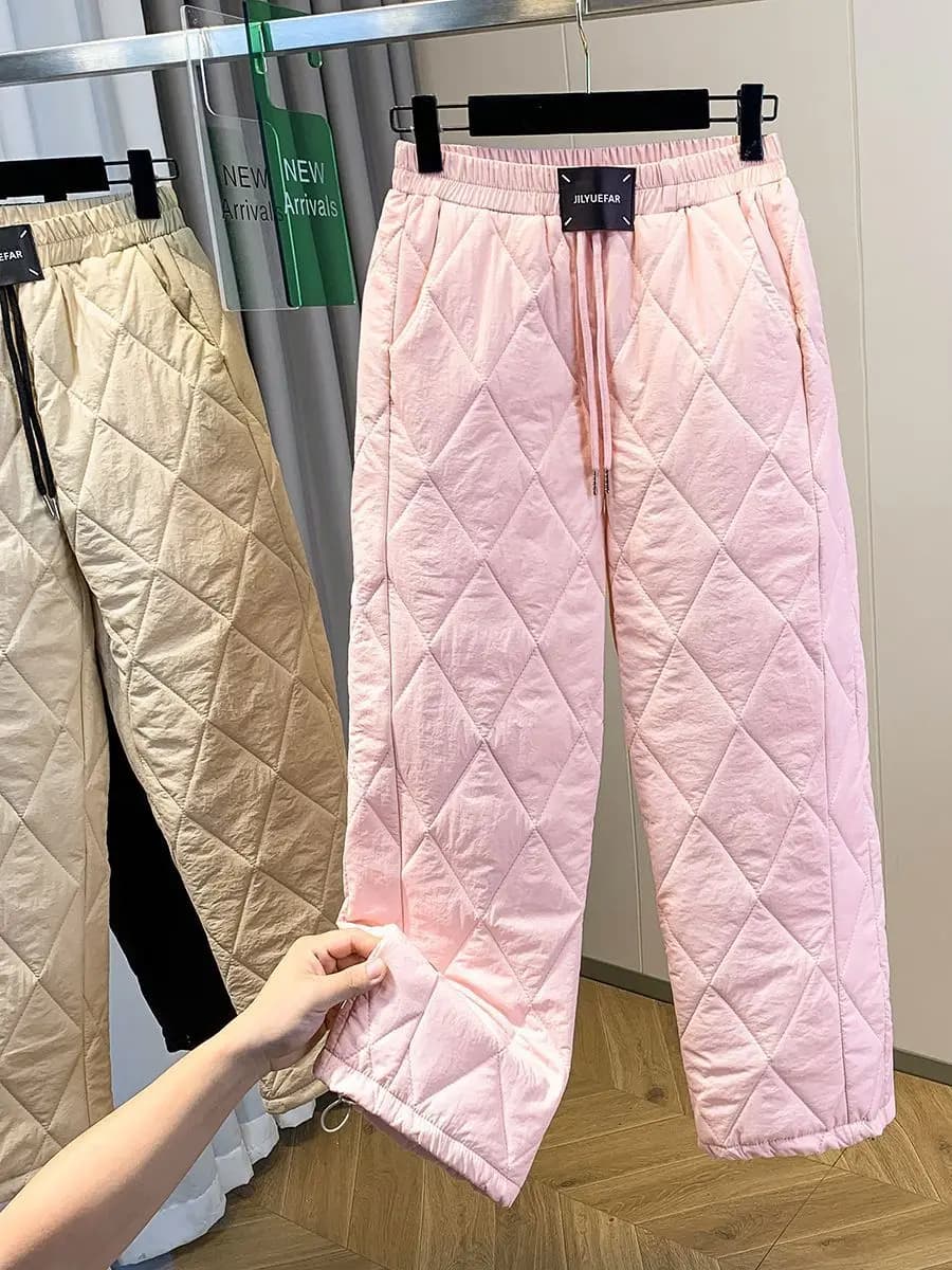 Women's Lightweight down Cotton Pants Winter European Goods Rhombus Straight Leg Wide Leg Pants Warm Drawstring Harlan Pants