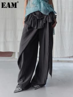 [EAM] High Elastic Waist Gray Ruffles Irregular Bandage Wide Leg Pants New Trousers Women Fashion Tide Spring Autumn 2026 1DJ281
