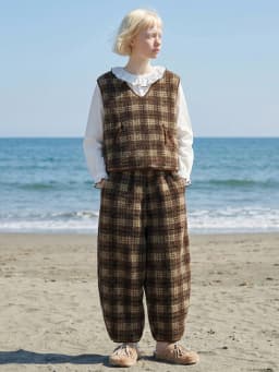 imakokoni Brown Vintage Plaid Elastic Waist Carrot Pants Women's Pants Warm Casual Female Clothing for Women