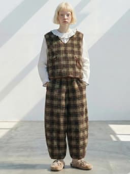 imakokoni Brown Vintage Plaid Elastic Waist Carrot Pants Women's Pants Warm Casual Female Clothing for Women