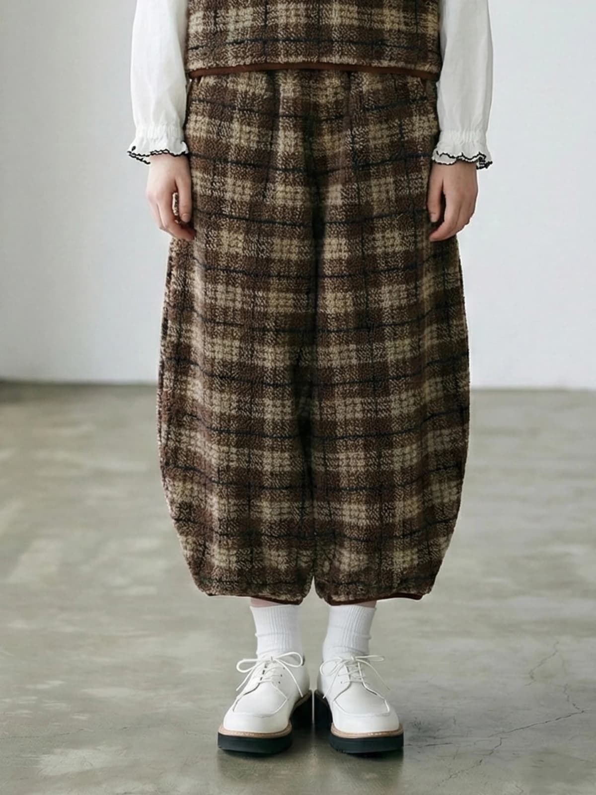 imakokoni Brown Vintage Plaid Elastic Waist Carrot Pants Women's Pants Warm Casual Female Clothing for Women