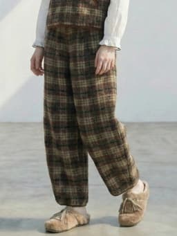 imakokoni Brown Vintage Plaid Elastic Waist Carrot Pants Women's Pants Warm Casual Female Clothing for Women