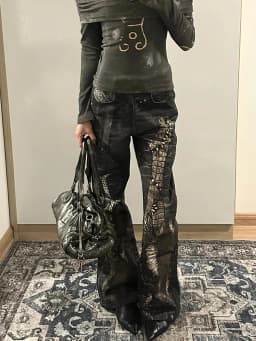 Large American Hot Girls Snake Skin Printing Patchwork Denim Pant New Slim Straight Slight Flare Gothic Punk Black Long Trousers