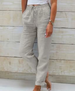 Pant women 2026 casual new high-waisted tight-waisted solid-color lace pocket cotton linen casual pants clothing