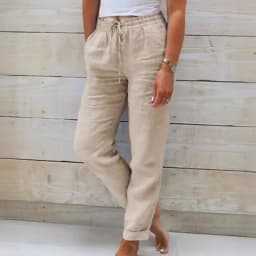 Pant women 2026 casual new high-waisted tight-waisted solid-color lace pocket cotton linen casual pants clothing