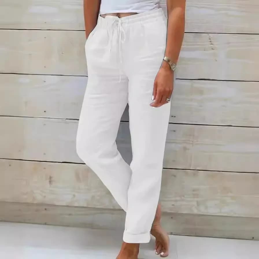 Pant women 2026 casual new high-waisted tight-waisted solid-color lace pocket cotton linen casual pants clothing