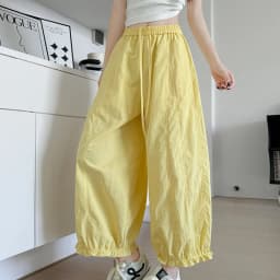 Korean Fashion Ruffles Lantern Pants Woman Summer Loose Ankle Length Wide-leg Trousers Women Solid Elastic Waist Casual Pants