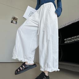 Korean Fashion Ruffles Lantern Pants Woman Summer Loose Ankle Length Wide-leg Trousers Women Solid Elastic Waist Casual Pants